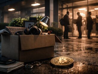 Cardboard box of office belongings outside a tech building with a Bitcoin coin on wet pavement, reflecting AI layoff fears and macroeconomic pressure on crypto markets