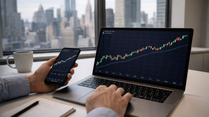 An investor checks rising cryptocurrency charts on a laptop and smartphone with a city skyline visible through the office window.