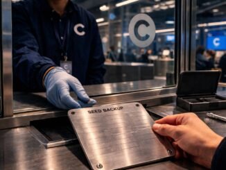 User handing over a crypto seed phrase backup at a Coinbase service counter, highlighting the risk of entering recovery phrases online during Commerce migration confusion