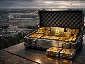 Briefcase filled with gold bars and Bitcoin in front of the Pentagon, symbolizing a $200 billion Iran war bill equated to millions of BTC