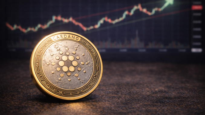 A Cardano (ADA) cryptocurrency token placed on a table with a blurred upward-trending market chart in the background.