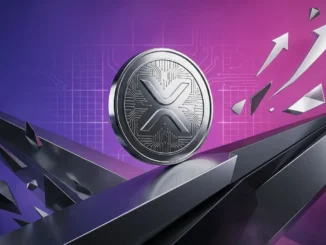 XRP cryptocurrency coin balanced between rising and falling geometric planes with purple-magenta gradient background