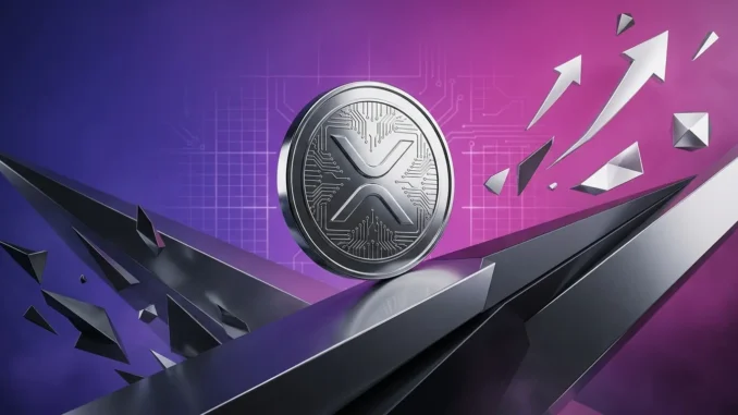 XRP cryptocurrency coin balanced between rising and falling geometric planes with purple-magenta gradient background
