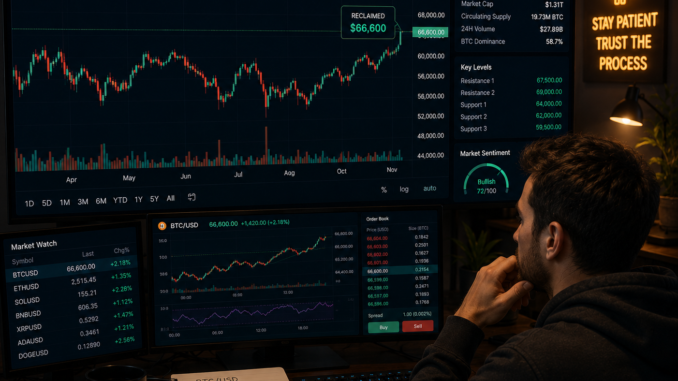 A trader analyzing Bitcoin as it approaches $67k.