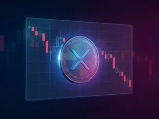 XRP cryptocurrency coin with holographic price chart showing downward trend in studio lighting