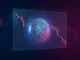 XRP cryptocurrency coin with holographic price chart showing downward trend in studio lighting