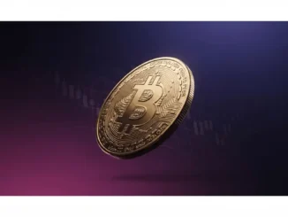 Bitcoin coin descending against purple gradient grid backdrop symbolizing price retracement