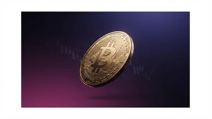 Bitcoin coin descending against purple gradient grid backdrop symbolizing price retracement