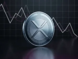 XRP cryptocurrency coin with downward price chart grid on dark background with magenta accents