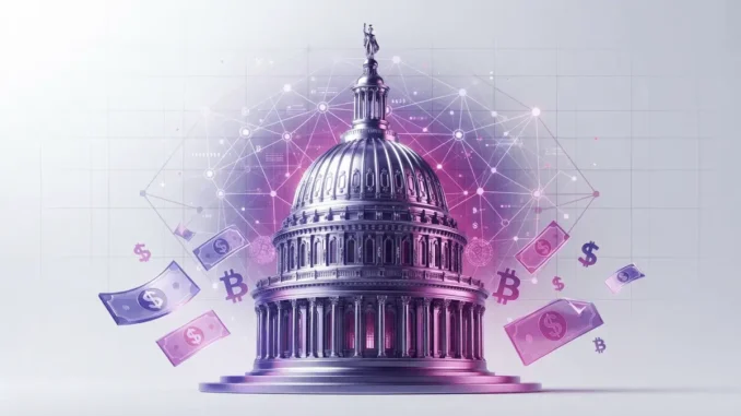 US Capitol dome with blockchain grid and crypto symbols in purple-magenta gradient
