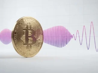 Bitcoin coin with compressed volatility wave visualization in purple gradient on white studio background