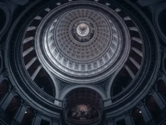 US Capitol dome interior with dramatic lighting showing legislative architecture and political tension