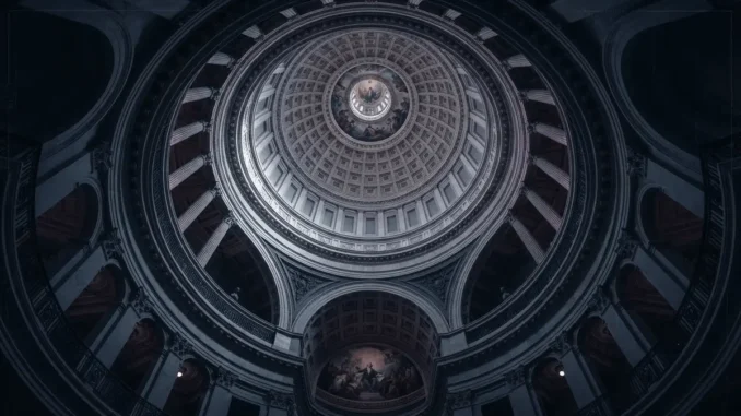 US Capitol dome interior with dramatic lighting showing legislative architecture and political tension