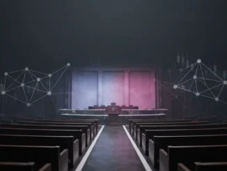 Empty Senate chamber with purple blockchain lighting symbolizing crypto regulation uncertainty