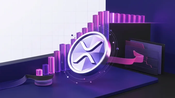 Abstract XRP token rising through a crypto market grid with magenta momentum and institutional trading signals