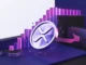 Abstract XRP token rising through a crypto market grid with magenta momentum and institutional trading signals