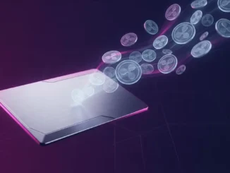 Credit card with holographic XRP coins emerging, representing Japan's crypto loyalty program integration