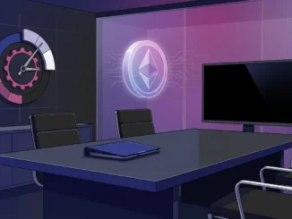 Abstract SEC crypto fundraising vote delayed in a modern indigo and magenta regulatory meeting scene