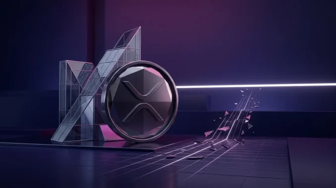 Abstract XRP market analysis with a digital exchange tower and price threshold visual