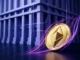 Faceted gold crypto token rising against magenta market momentum and a cool blue macroeconomic resistance wall
