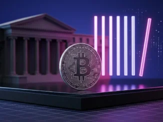 Bitcoin coin beside an abstract Fed vote and dot plot visual in an indigo-magenta financial scene