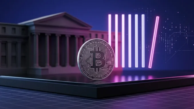 Bitcoin coin beside an abstract Fed vote and dot plot visual in an indigo-magenta financial scene