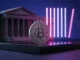 Bitcoin coin beside an abstract Fed vote and dot plot visual in an indigo-magenta financial scene