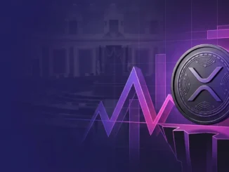 XRP-inspired coin beside a volatile price chart and abstract regulatory backdrop