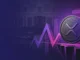 XRP-inspired coin beside a volatile price chart and abstract regulatory backdrop