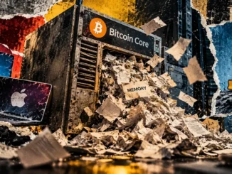 A Bitcoin Core server overflows with memory papers beside Windows and Apple laptops, while a Linux penguin appears on a separate panel.