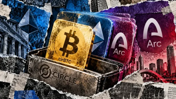 Editorial collage showing a Circle wallet containing cirBTC, Ethereum, and Arc cards against contrasting blue and purple financial backgrounds.