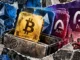 Editorial collage showing a Circle wallet containing cirBTC, Ethereum, and Arc cards against contrasting blue and purple financial backgrounds.